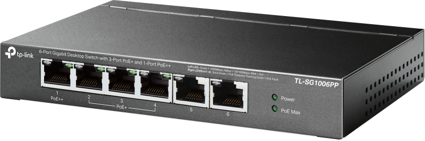 Šakotuvas TP-LINK | 6 prievadų gigabito komutatorius su 3 prievadų PoE+ ir 1 prievado PoE++ | TL-SG1006PP | Nevaldomas | Stalinis