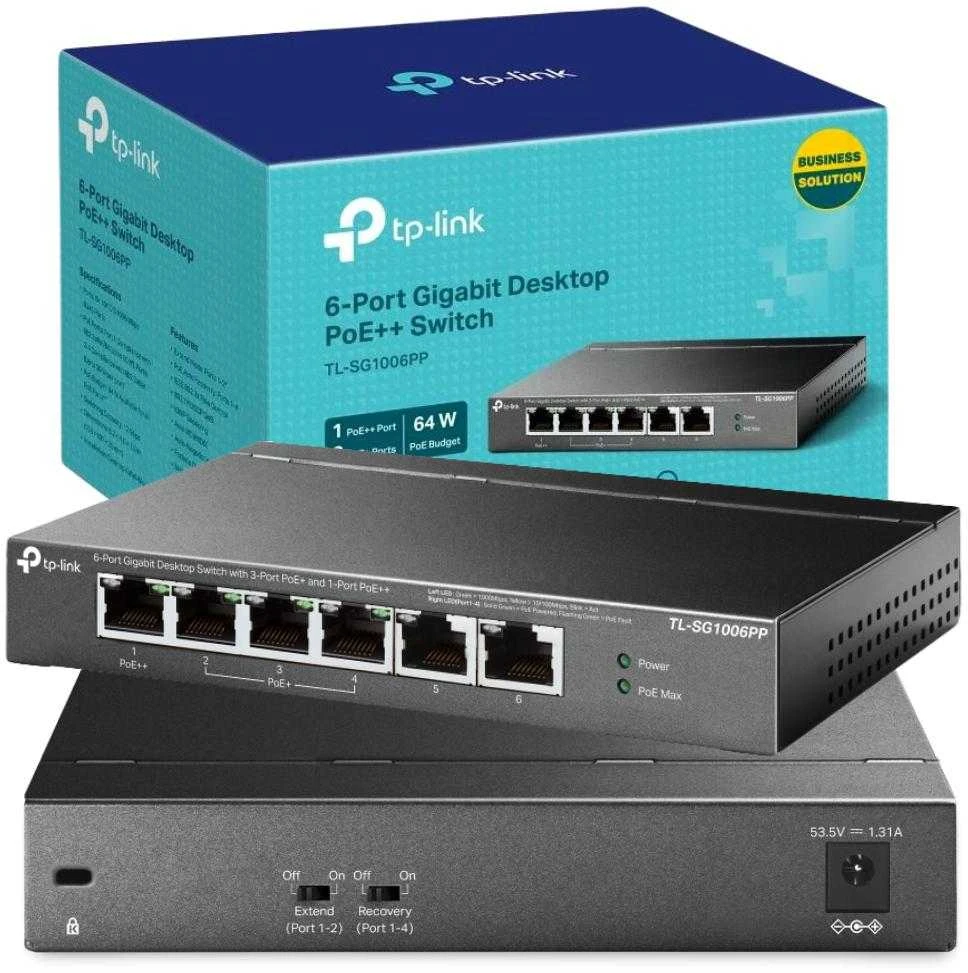 Šakotuvas TP-LINK | 6 prievadų gigabito komutatorius su 3 prievadų PoE+ ir 1 prievado PoE++ | TL-SG1006PP | Nevaldomas | Stalinis