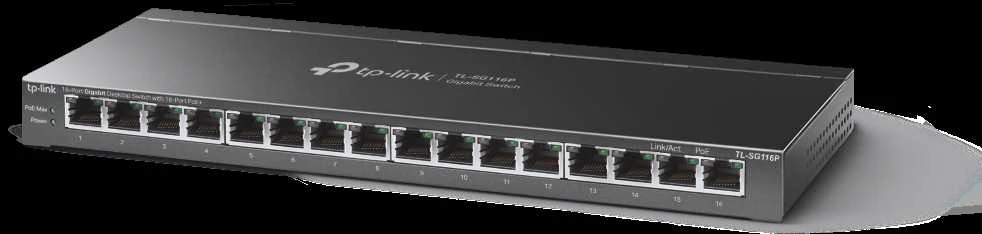 Šakotuvas TP-LINK TL-SG116P 16 prievadų gigabito darbalaukio komutatorius su 16 prievadų PoE+ | TP-LINK | 16 prievadų gigabito darbalaukio komutatorius | TL-SG116P | Nevaldomas | Stalinis