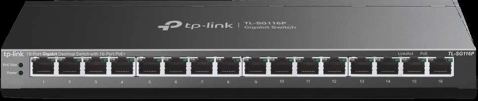Šakotuvas TP-LINK TL-SG116P 16 prievadų gigabito darbalaukio komutatorius su 16 prievadų PoE+ | TP-LINK | 16 prievadų gigabito darbalaukio komutatorius | TL-SG116P | Nevaldomas | Stalinis