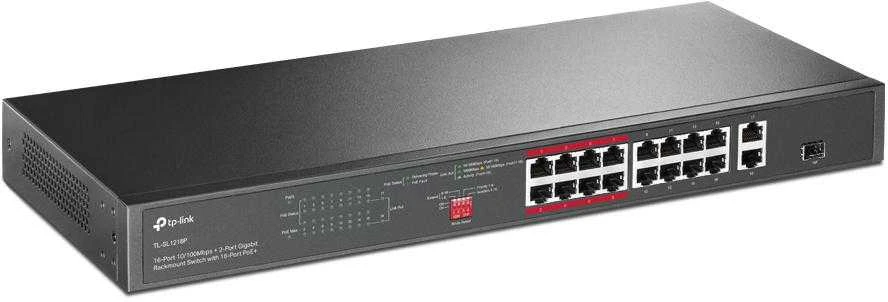 Šakotuvas TP-Link TL-SL1218P tinklo komutatorius Ne-valdomas Gigabit Ethernet (10/100/1000) Maitinimas per Eternetą (PoE) 1U Juoda