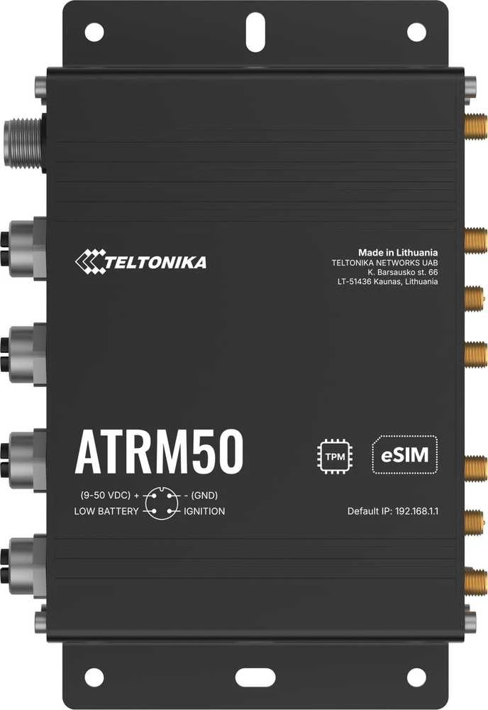 Teltonika | 5G maršrutizatorius transportui | ATRM50 | 802.11ac | 10/100/1000 Mbit/s | Ethernet LAN (RJ-45) jungtys 3 | Tinklo palaikymas: Taip | MU-MiMO: Taip | 5G | Antenos tipas: 4 x SMA mobiliesiems įrenginiams, 2 x RP-SMA Wi-Fi, 1 x SMA GNNS
