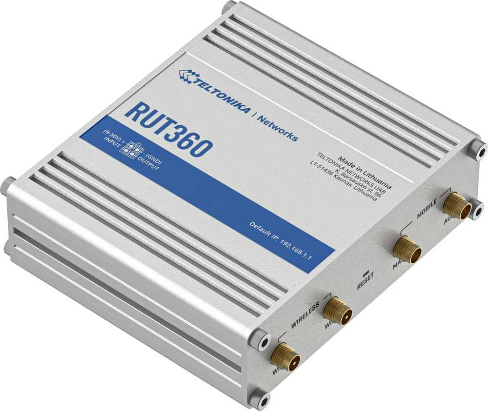 Teltonika | Pramoninis korinio ryšio maršrutizatorius | RUT360 LTE CAT6 | 1 x LAN jungtis, 10/100 Mbps, atitinka IEEE 802.3, IEEE 802.3u standartus, palaiko automatinį MDI/MDIX perjungimą, Mbit/s | Ethernet LAN (RJ-45) jungtys, 2 x RJ45 jungtys, 10/100 Mbps | Mesh palaikymas: Ne | MU-MiMO: Taip | 3G/4G duomenų bendrinimas | Antenos tipas: 2 x SMA, skirta LTE, 2 x RP-SMA, skirta WiFi