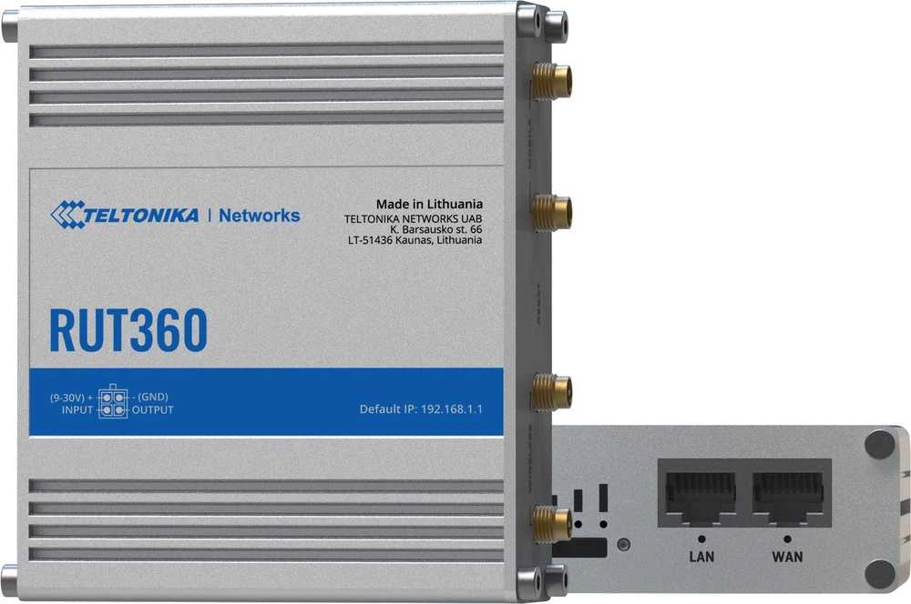 Teltonika | Pramoninis korinio ryšio maršrutizatorius | RUT360 LTE CAT6 | 1 x LAN jungtis, 10/100 Mbps, atitinka IEEE 802.3, IEEE 802.3u standartus, palaiko automatinį MDI/MDIX perjungimą, Mbit/s | Ethernet LAN (RJ-45) jungtys, 2 x RJ45 jungtys, 10/100 Mbps | Mesh palaikymas: Ne | MU-MiMO: Taip | 3G/4G duomenų bendrinimas | Antenos tipas: 2 x SMA, skirta LTE, 2 x RP-SMA, skirta WiFi