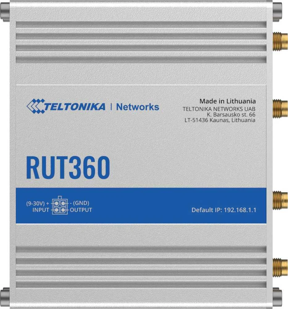 Teltonika | Pramoninis korinio ryšio maršrutizatorius | RUT360 LTE CAT6 | 1 x LAN jungtis, 10/100 Mbps, atitinka IEEE 802.3, IEEE 802.3u standartus, palaiko automatinį MDI/MDIX perjungimą, Mbit/s | Ethernet LAN (RJ-45) jungtys, 2 x RJ45 jungtys, 10/100 Mbps | Mesh palaikymas: Ne | MU-MiMO: Taip | 3G/4G duomenų bendrinimas | Antenos tipas: 2 x SMA, skirta LTE, 2 x RP-SMA, skirta WiFi