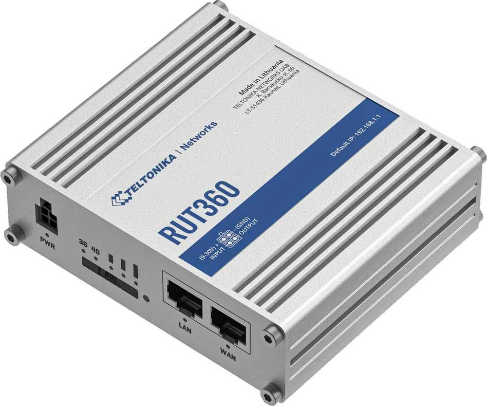 Teltonika | Pramoninis korinio ryšio maršrutizatorius | RUT360 LTE CAT6 | 1 x LAN jungtis, 10/100 Mbps, atitinka IEEE 802.3, IEEE 802.3u standartus, palaiko automatinį MDI/MDIX perjungimą, Mbit/s | Ethernet LAN (RJ-45) jungtys, 2 x RJ45 jungtys, 10/100 Mbps | Mesh palaikymas: Ne | MU-MiMO: Taip | 3G/4G duomenų bendrinimas | Antenos tipas: 2 x SMA, skirta LTE, 2 x RP-SMA, skirta WiFi