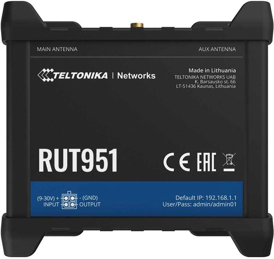 Teltonika | Pramoninis korinio ryšio maršrutizatorius | RUT951 | 802.11n | 10/100 Mbit/s | Ethernet LAN (RJ-45) jungtys 3 | Tinklo palaikymas: ne | MU-MiMO: ne | 2G/3G/4G | Antenos tipas: 2 x SMA, skirtas LTE, 2 x RP-SMA
