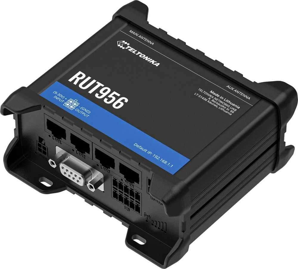 Šakotuvas Teltonika | Pramoninis maršrutizatorius | RUT956 | 802.11n | 10/100 Mbit/s | Ethernet LAN (RJ-45) jungtys 4 | Palaikomas tinklelis: ne | MU-MiMO: ne | 2G/3G/4G | Antenos tipas: 2 x SMA, skirtas LTE, 2 x RP-SMA, skirtas WiFi, 1 x SMA, skirtas GNSS | 1 x USB 2.0
