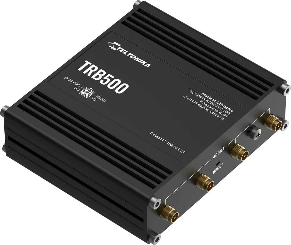 Maršrutizatorius Teltonika | Pramoninis 5G šliuzas | TRB500 | Nėra „Wi-Fi“ | 10/100/1000 Mbps Mbit/s | Ethernet LAN (RJ-45) jungtys 1 | Tinklo palaikymas: Ne | MU-MiMO: Taip | Antenos tipas: SMA, skirtas mobiliesiems įrenginiams