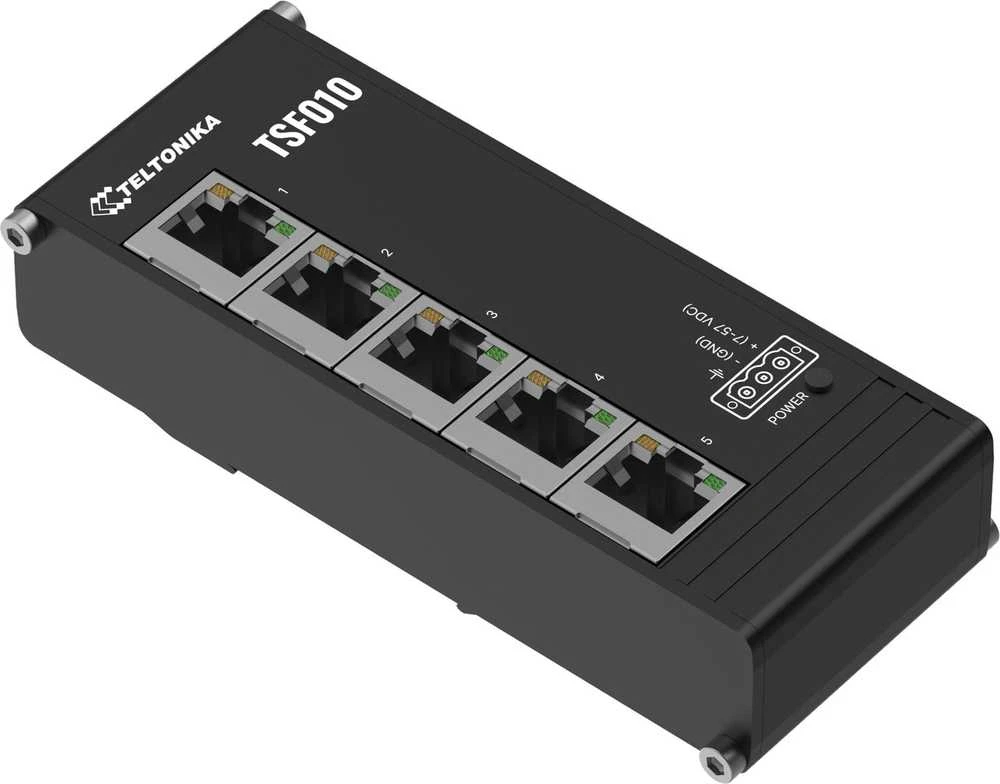 Šakotuvas Teltonika | Pramoninis komutatorius | TSF010 | Nevaldomas | Montuojamas ant DIN bėgelio | 10/100 Mbps (RJ-45) jungtys kiekis: 5 | Maitinimo šaltinio tipas: 3 kontaktų pramoninis nuolatinės srovės maitinimo lizdas