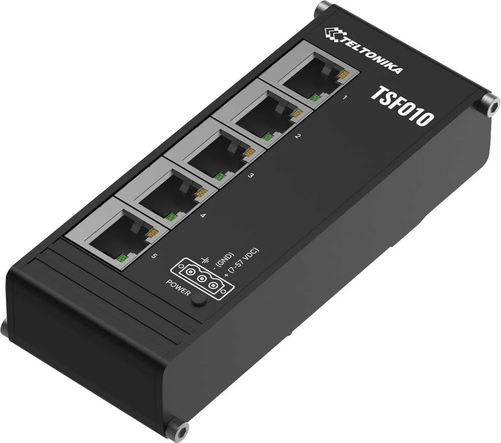 Šakotuvas Teltonika | Pramoninis komutatorius | TSF010 | Nevaldomas | Montuojamas ant DIN bėgelio | 10/100 Mbps (RJ-45) jungtys kiekis: 5 | Maitinimo šaltinio tipas: 3 kontaktų pramoninis nuolatinės srovės maitinimo lizdas