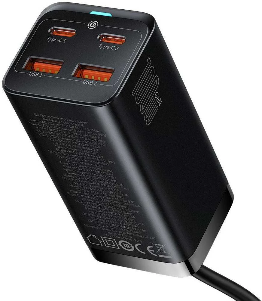 Baseus GaN3 Pro greitas universalus įkroviklis GaN 2 x C tipo USB / 2x USB 100W PD3.0, QC4.0+, AFC, juodas (CCGP000101)