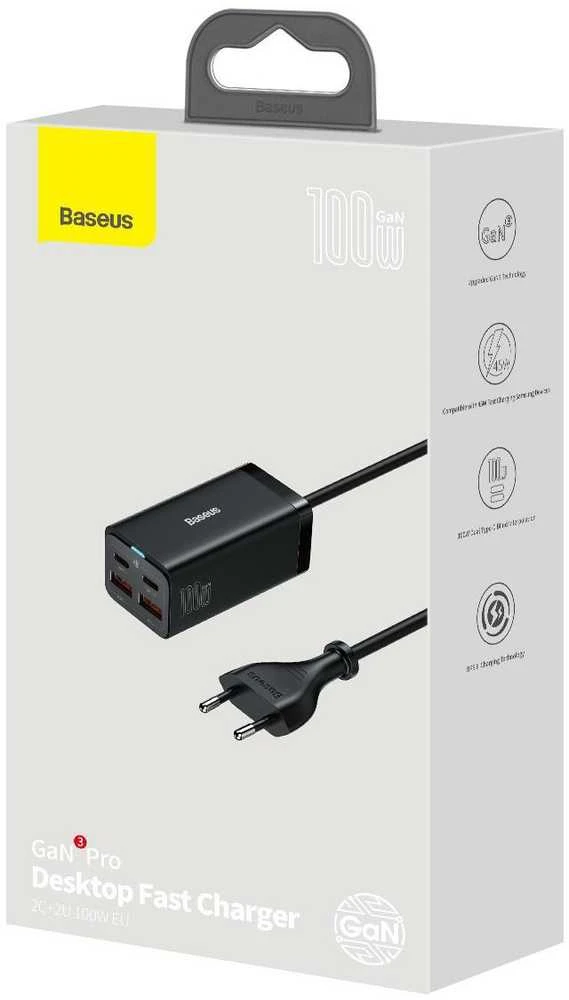 Baseus GaN3 Pro greitas universalus įkroviklis GaN 2 x C tipo USB / 2x USB 100W PD3.0, QC4.0+, AFC, juodas (CCGP000101)