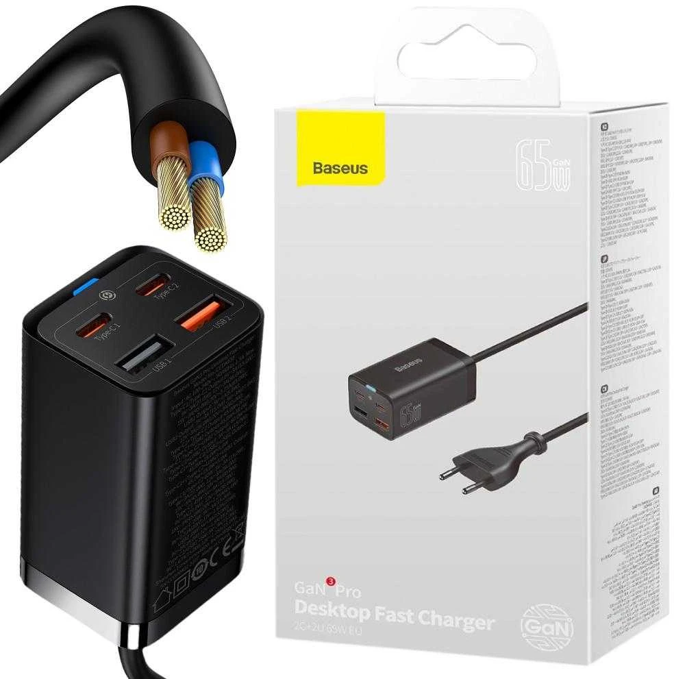 Baseus Sieninis įkroviklis GaN3 Pro 65W 2xUSB + 2xUSB-C QC4+ PD3.0 su USB-C 1.5m laidu, juodas