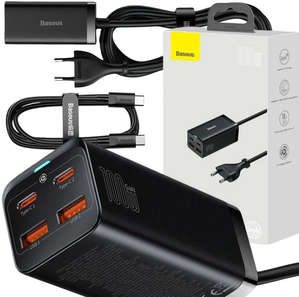 Baseus GaN3 Pro greitas universalus įkroviklis GaN 2 x C tipo USB / 2x USB 100W PD3.0, QC4.0+, AFC, juodas (CCGP000101)