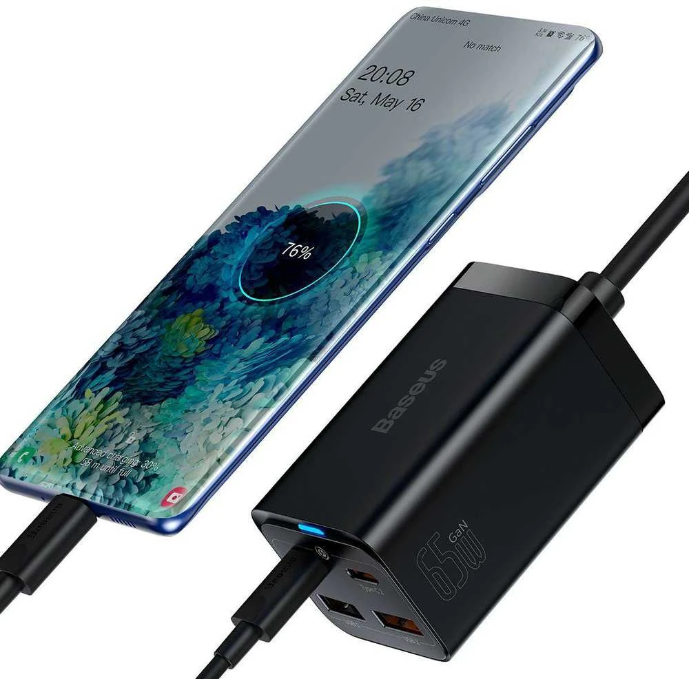 Baseus Sieninis įkroviklis GaN3 Pro 65W 2xUSB + 2xUSB-C QC4+ PD3.0 su USB-C 1.5m laidu, juodas
