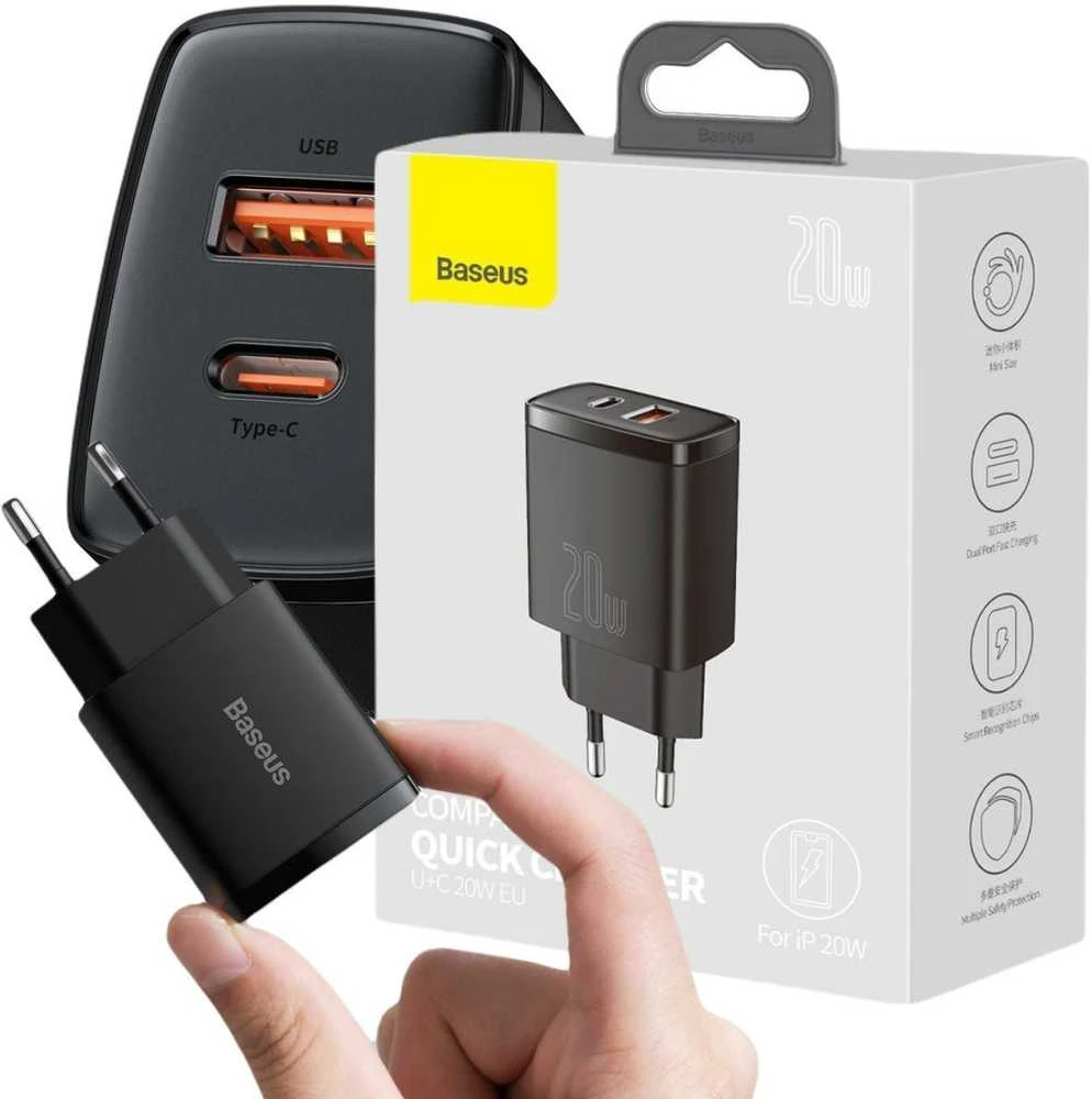 Baseus Kompaktiškas sieninis greitasis įkroviklis USB-C 20W, Juodos spalvos (CCXJ-B01)