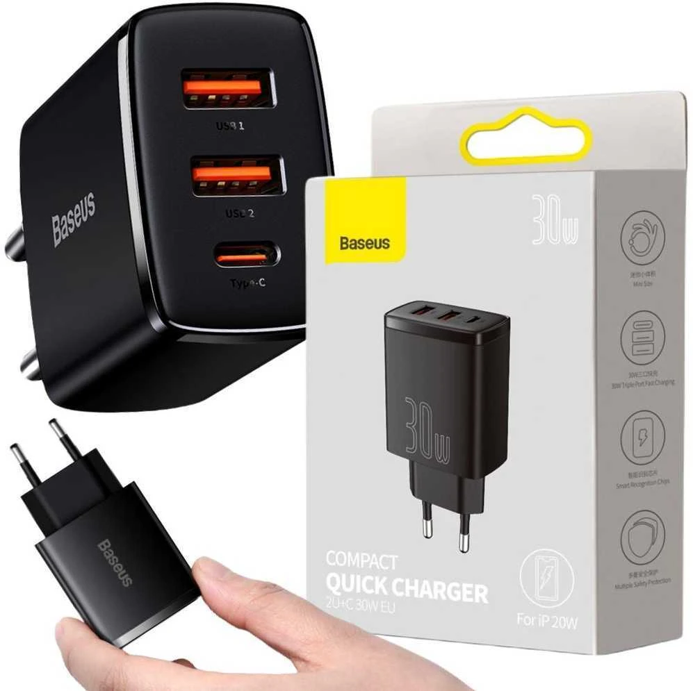 Baseus Sieninis įkroviklis 30W 2xUSB + USB-C QC3.0 PD3.0, juodas