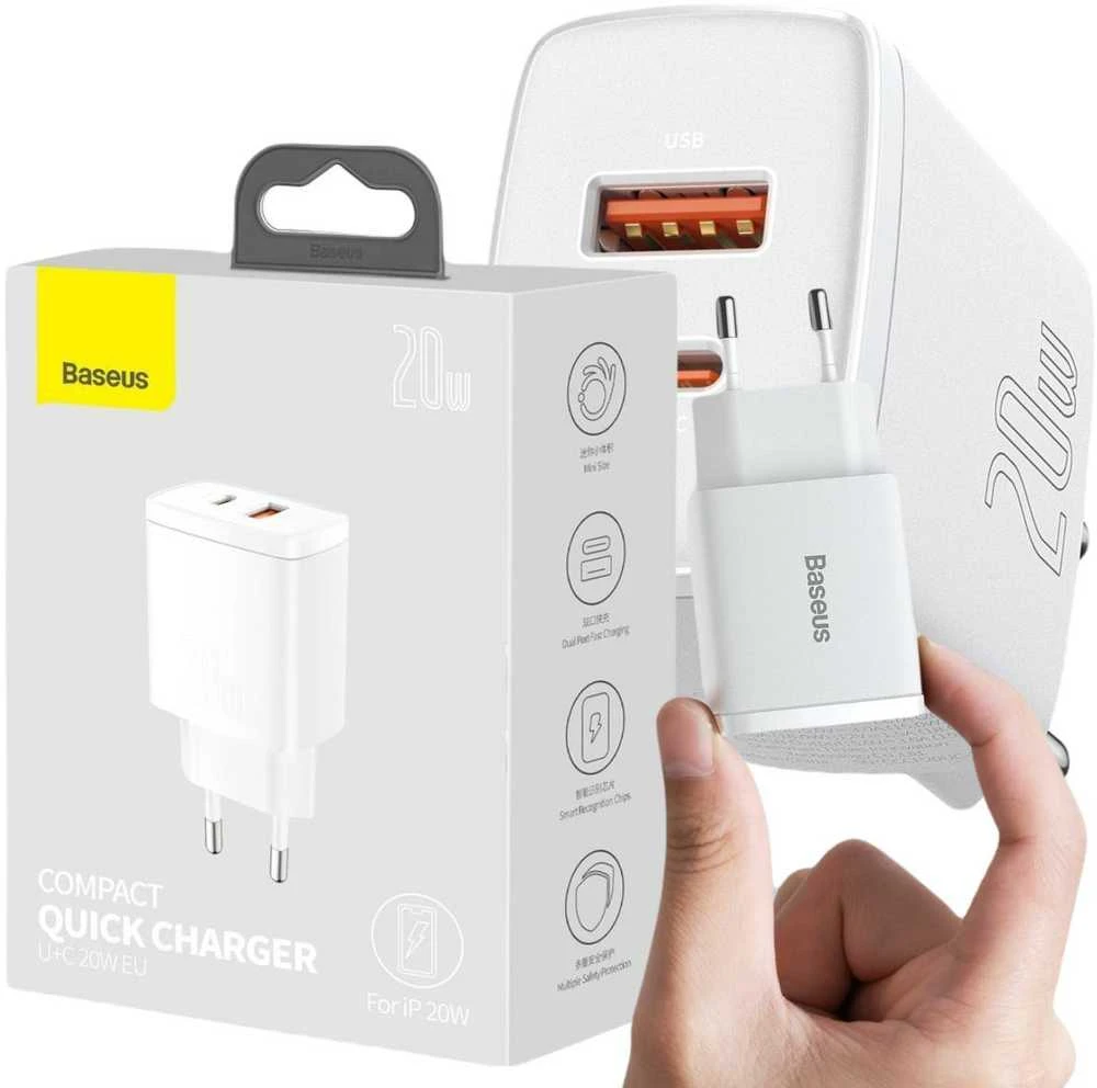 Įkroviklis Baseus Compact Quick Charger 20W USB-C/USB-A baltas CCXJ-B02