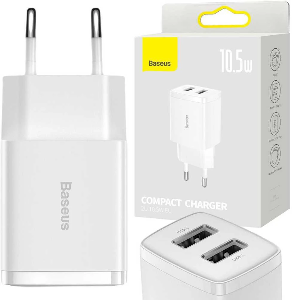„Baseus“ kompaktiškas greitas įkroviklis, 2x USB, 10,5 W (baltas)
