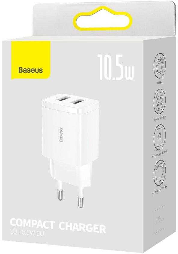 „Baseus“ kompaktiškas greitas įkroviklis, 2x USB, 10,5 W (baltas)
