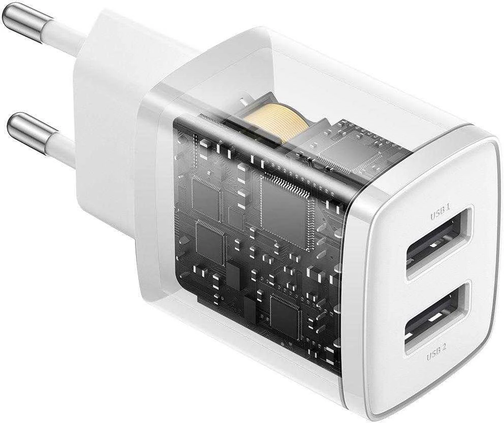 „Baseus“ kompaktiškas greitas įkroviklis, 2x USB, 10,5 W (baltas)