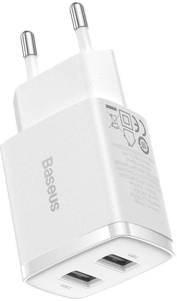 „Baseus“ kompaktiškas greitas įkroviklis, 2x USB, 10,5 W (baltas)
