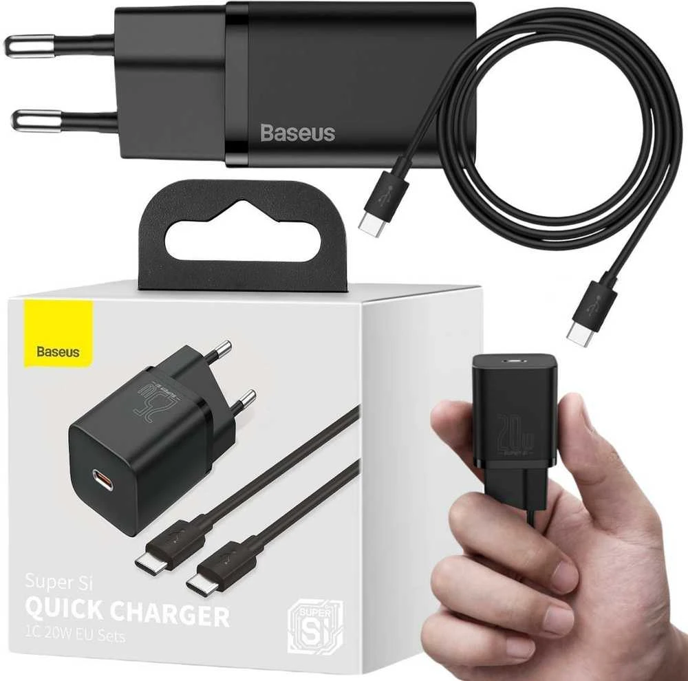 Baseus Super Si greitas įkroviklis 1C 25W su USB-C - USB-C kabelis 1m - Juodas
