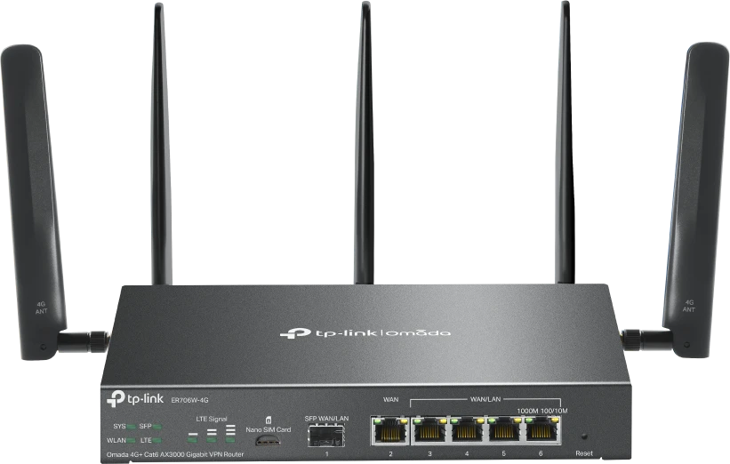 TP-LINK | Omada 4G+ Cat6 AX3000 Gigabit VPN Maršrutizatorius | ER706W-4G | 802.1q | 10/100/1000 Mbit/s | Mesh Support Yes | MU-MiMO Yes | Antenna type Detachable | 60 mėn.