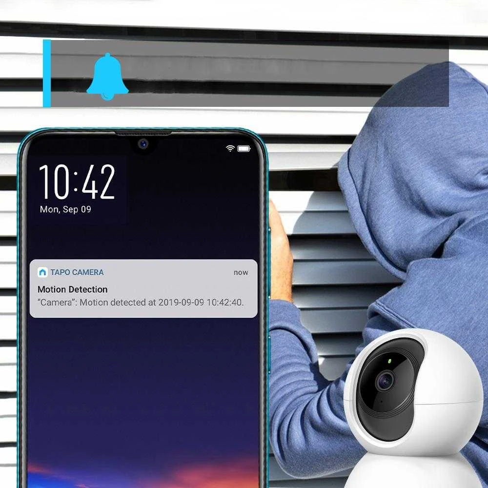 TP-LINK Pan/Tilt namų apsaugos WiFi kamera su dienos/nakties vaizdu, 1080p FHD, Micro SD kortelių talpa iki 128 GB, H.264 vaizdo įrašas, 360/114 žiūrėjimo kampas.