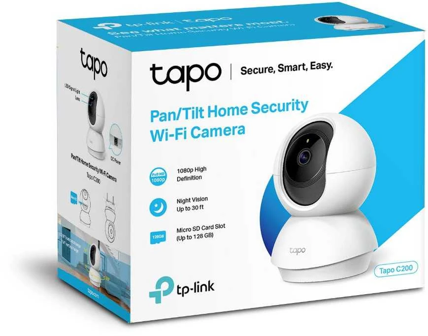 TP-LINK Pan/Tilt namų apsaugos WiFi kamera su dienos/nakties vaizdu, 1080p FHD, Micro SD kortelių talpa iki 128 GB, H.264 vaizdo įrašas, 360/114 žiūrėjimo kampas.