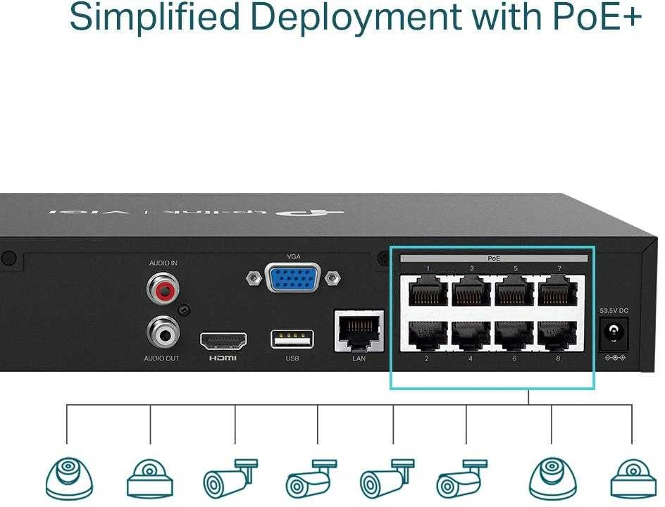 TP-LINK | VIGI 8 kanalų PoE+ tinklo vaizdo įrašymo įrenginys | VIGI NVR1008H-8P | 1 | 8 kanalas