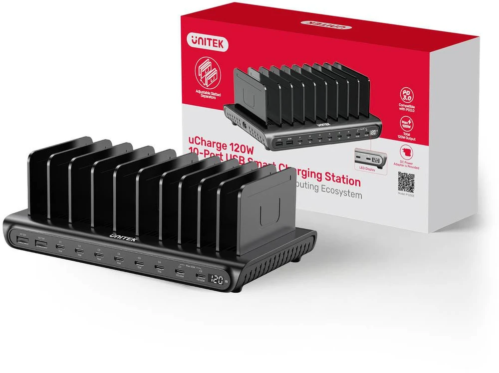 „Unitek“ išmanioji 10 prievadų USB-A/USB-C įkrovimo stotelė | 120 W | PD 3.0
