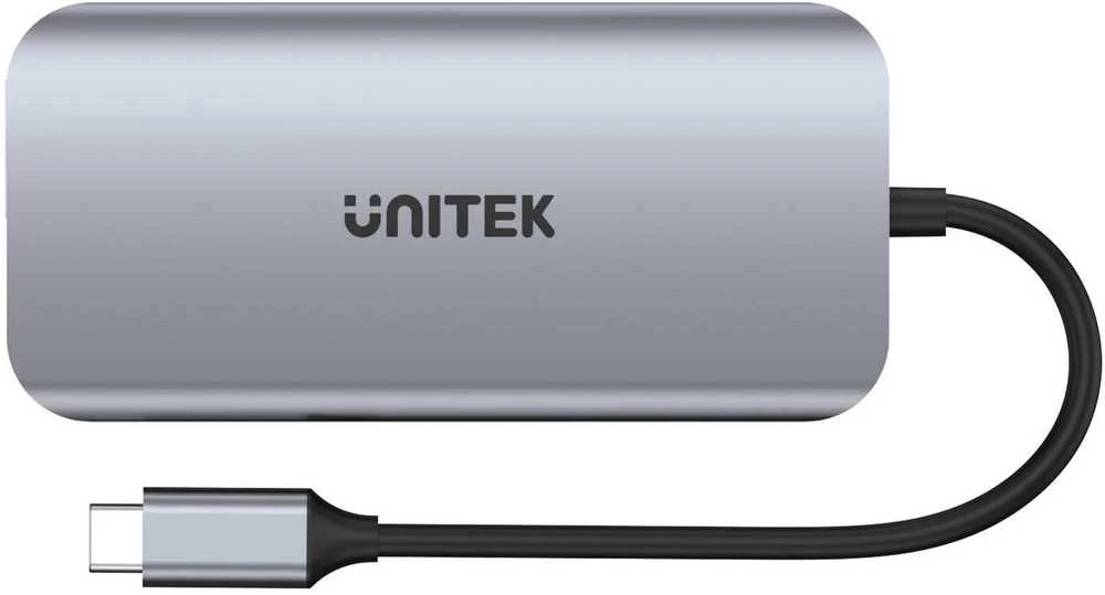 USB-C šakotuvas - UNITEK 2X HDMI 4K, RJ45, PD 100W Pilkas