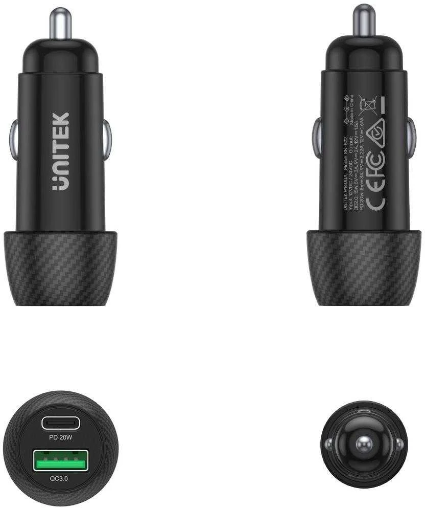 Automobilinis Įkroviklis - Unitek P1400A 38W USB-A USB-C QC 3.0