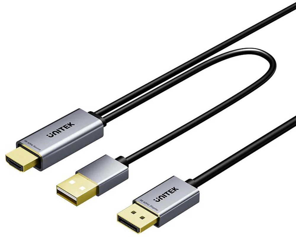 Unitek HDMI į DisplayPort 4K laidas su USB-A maitinimo šaltiniu | 4K@60Hz | HDR | 1,8 m