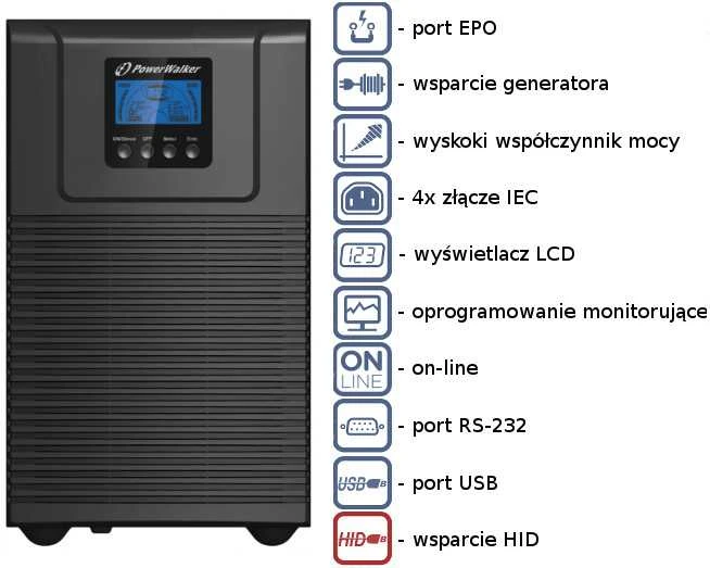 POWERWALK VFI 2000 TG Power Walker UPS On-Line 2000VA, 4x IEC, USB/RS-232, bokštas, EPO, LCD