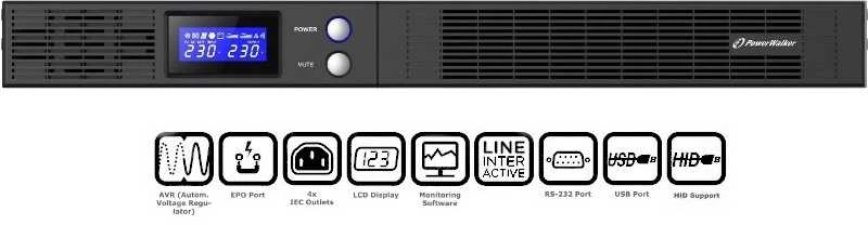 POWERWALK VI 750 R1U Power Walker UPS Line-Interactive 750VA 4x IEC OUT, USB HID/RS-232, 19 viryklių