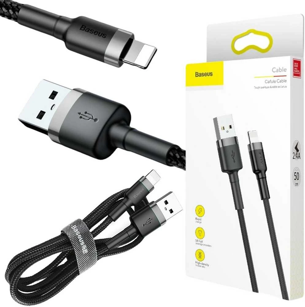 Baseus Cafule USB Lightning kabelis 2.4A 0.5m - Pilkas / Juodas