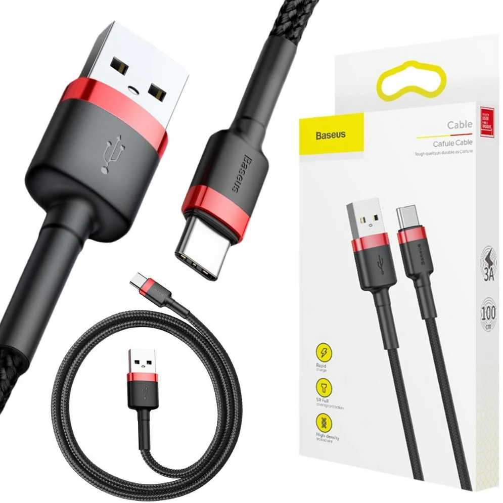 Kabelis Baseus USB2.0 A kištukas - USB C kištukas 1 m, QC3.0 su nailoniniu šarvu , raudonas/juodas