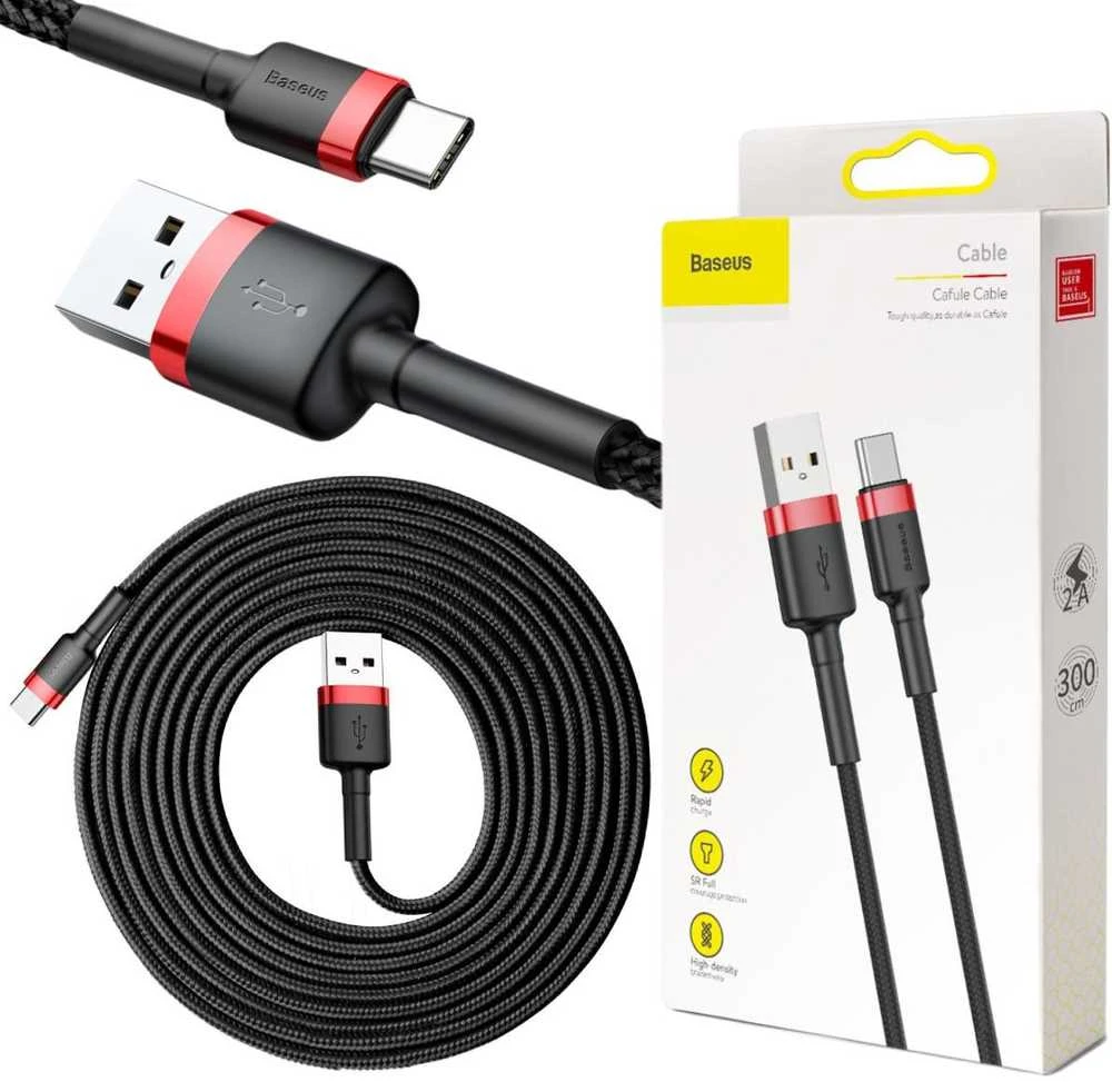 Baseus Cafule USB-C kabelius 2A 3m - Juodas / Raudonas