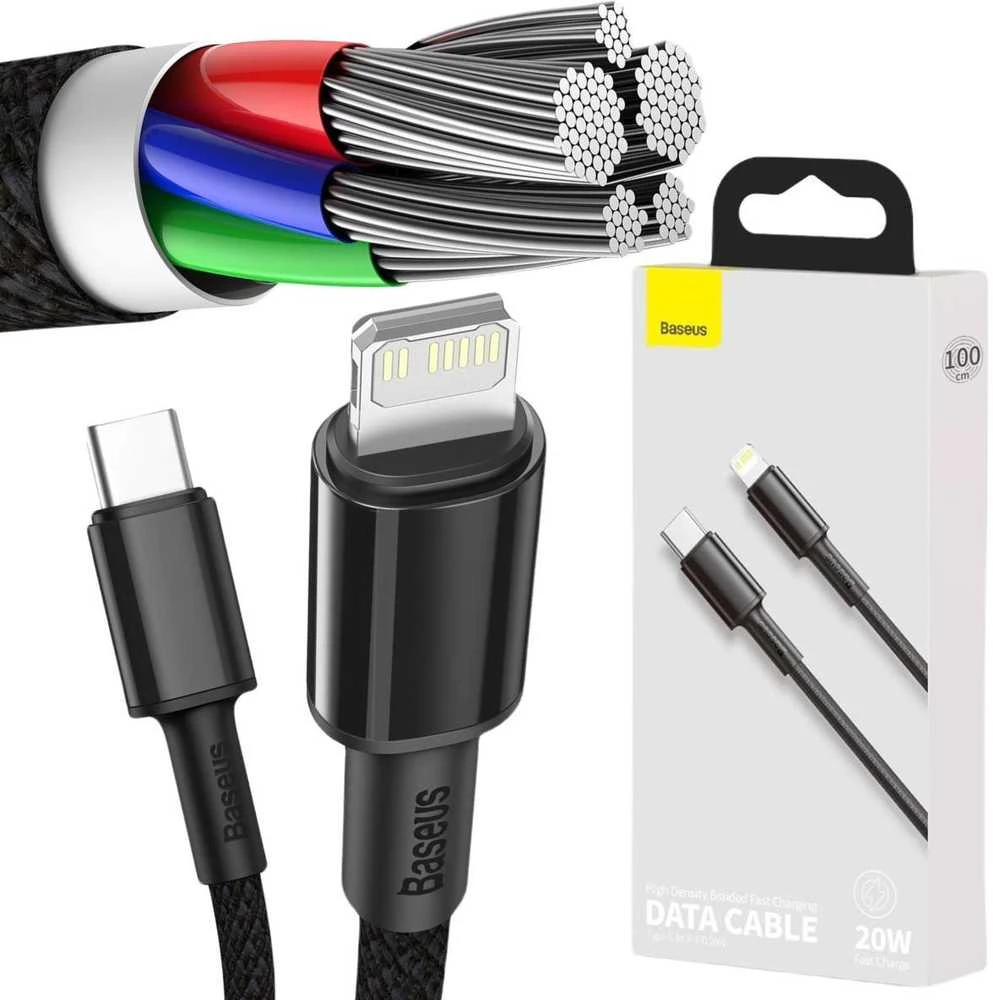 USB kabelis Baseus High Density Braided Fast Data PD 20W Type-C į Lightning 1.0m juodas CATLGD-01