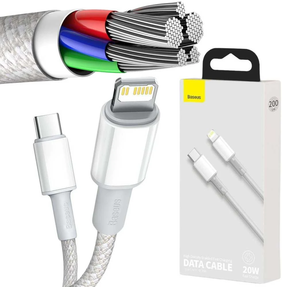 „Baseus“ didelio tankio pintas greito įkrovimo duomenų kabelis Type-C iki Lightning PD 20W 2m Baltas (Baltas)
