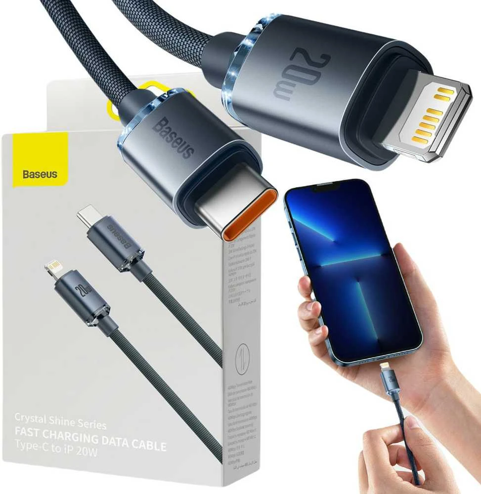 Baseus Crystal Shine USB-C į Lightning jungties laidas, 20W, PD, 2m juodos spalvos
