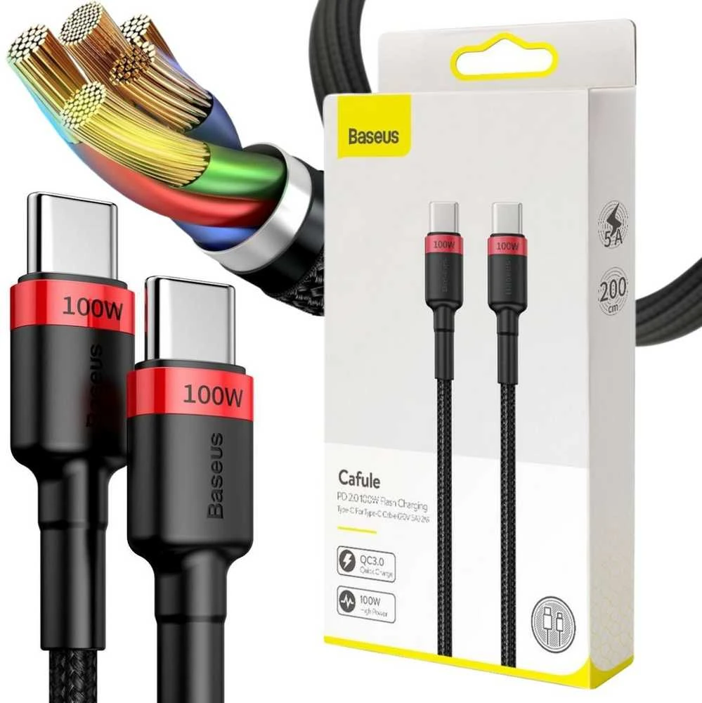 Baseus Cafule PD2.0 100W blykstė įkrovimo USB-C kabelis 20V 5A 2m - Raudonas / Juodas