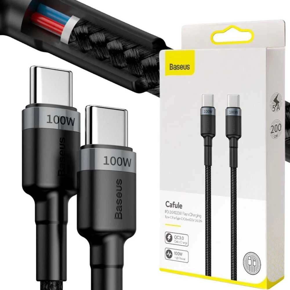 Baseus Cafule PD2.0 100W greito įkrovimo USB-C kabelis 20V 5A 2m - Pilkas / Juodas