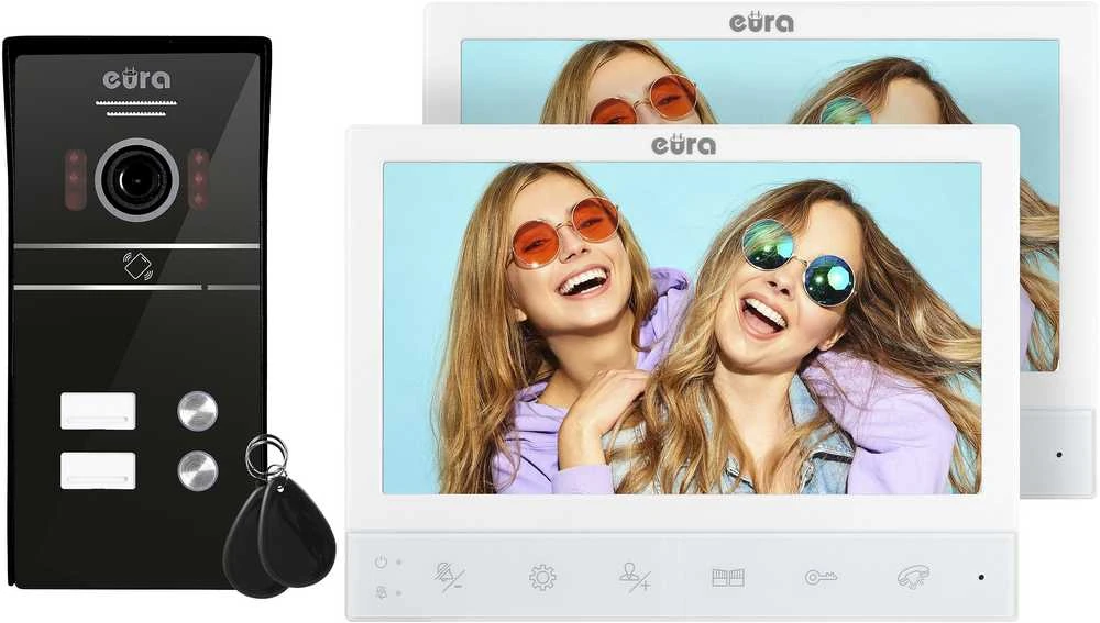 Eura Video domofonas EURA VDP-80C5 - dviejų šeimų, baltas, 2x LCD 7'', FHD, 2 įėjimų palaikymas, 1080p kamera, RFID skaitytuvas, montuojamas ant paviršiaus