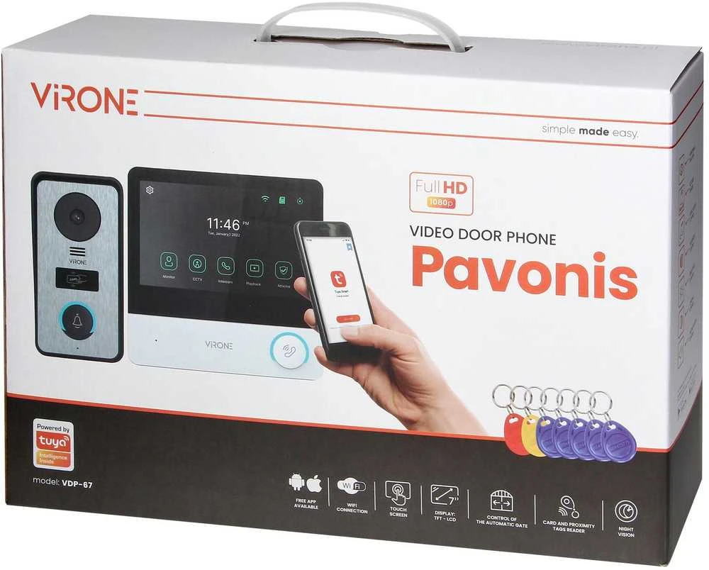Virone PAVONIS, vaizdo domofono komplektas, 4 laidų, 7 colių, Wi-Fi, lietimui jautrus ekranas, „Full HD“, RFID