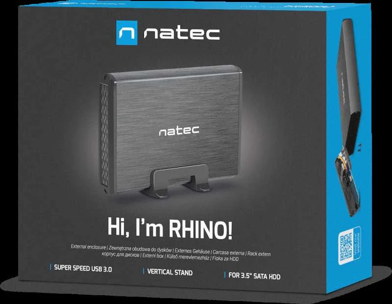 Kietasis diskas NATEC NKZ-0448 RHINO išorinis USB 3.0 korpusas skirtas 3,5 colio SATA HDD juodas aliuminis