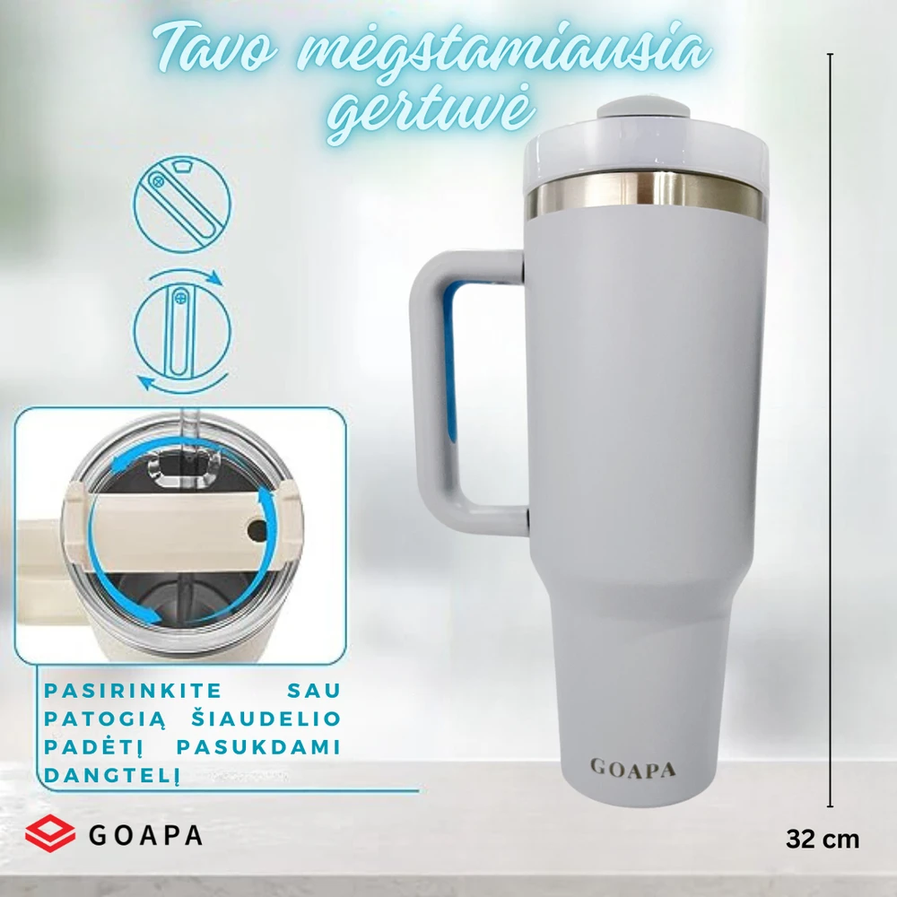 Goapa Metalinė daugiafunkcinė termo gertuvė su rankena ir šiaudeliu KREMINĖ
